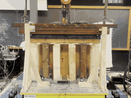 Simulated seismic loading of the timber-post foundation, sped up from the full test run